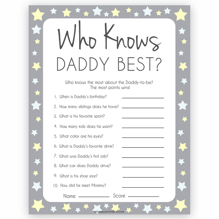 Grey Yellow Stars Who Knows Daddy Best, How Well Do you Know Daddy Games, Who Knows Daddy Game, Printable Baby Shower Games, Baby Shower, fun baby shower games, popular baby shower games