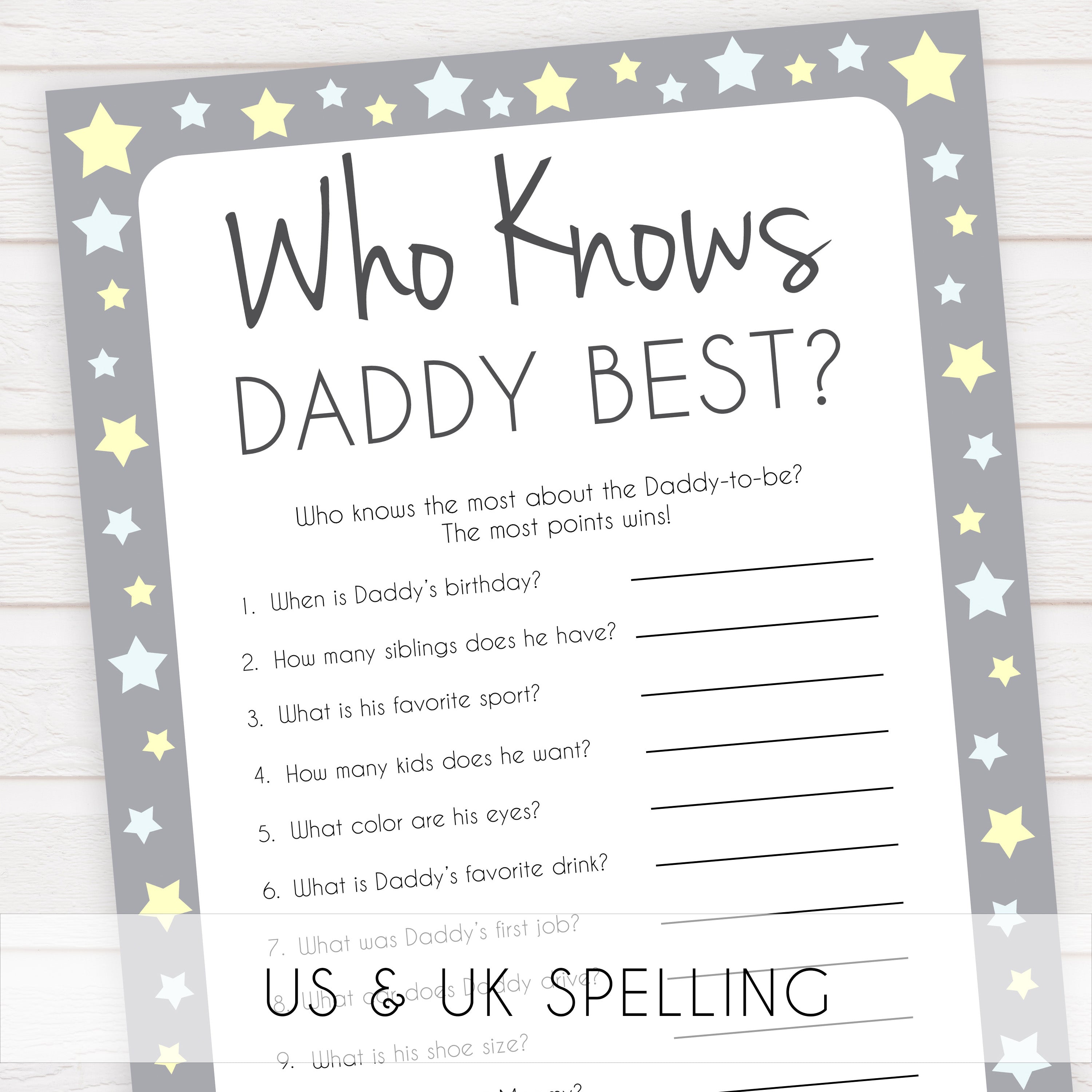 Grey Yellow Stars Who Knows Daddy Best, How Well Do you Know Daddy Games, Who Knows Daddy Game, Printable Baby Shower Games, Baby Shower, fun baby shower games, popular baby shower games
