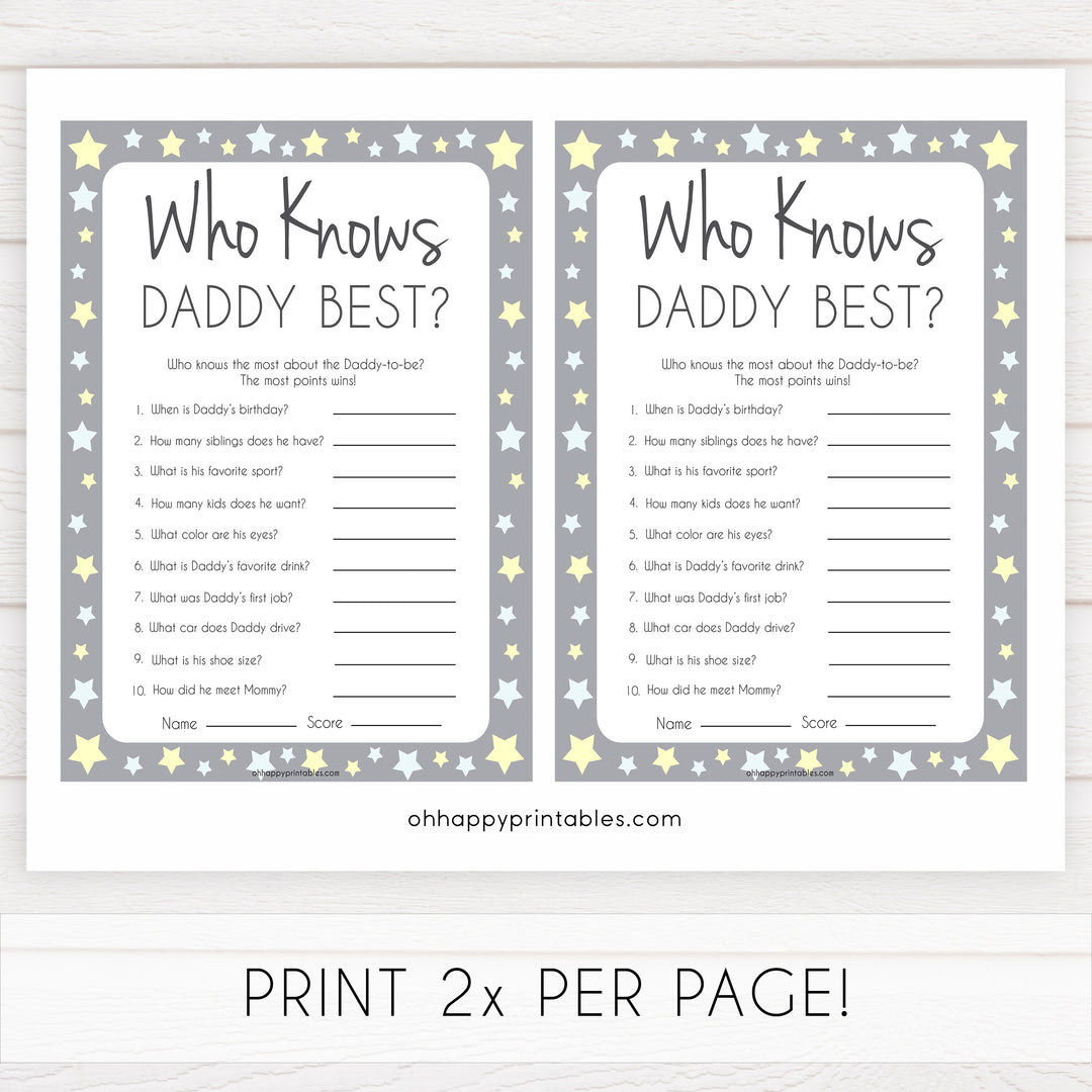 Grey Yellow Stars Who Knows Daddy Best, How Well Do you Know Daddy Games, Who Knows Daddy Game, Printable Baby Shower Games, Baby Shower, fun baby shower games, popular baby shower games