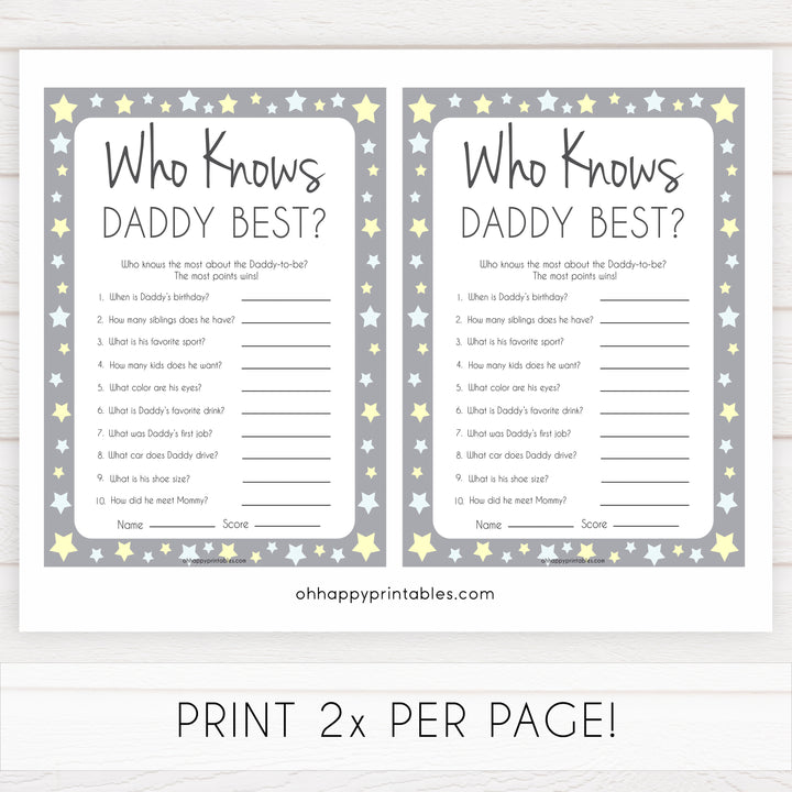 Grey Yellow Stars Who Knows Daddy Best, How Well Do you Know Daddy Games, Who Knows Daddy Game, Printable Baby Shower Games, Baby Shower, fun baby shower games, popular baby shower games