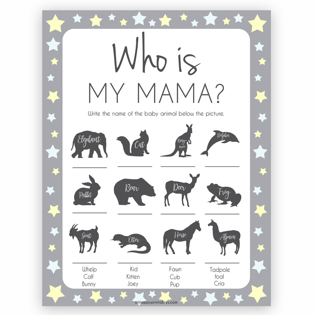 Grey Yellow Stars Who is My Mommy Animal Game, Who is my Mama Game, Baby Shower Games, Baby Shower, Who is my Mama, Animal Baby Game, fun baby shower games, popular baby shower games 