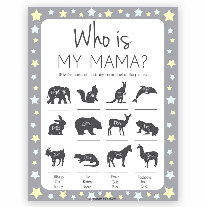 Grey Yellow Stars Who is My Mommy Animal Game, Who is my Mama Game, Baby Shower Games, Baby Shower, Who is my Mama, Animal Baby Game, fun baby shower games, popular baby shower games 