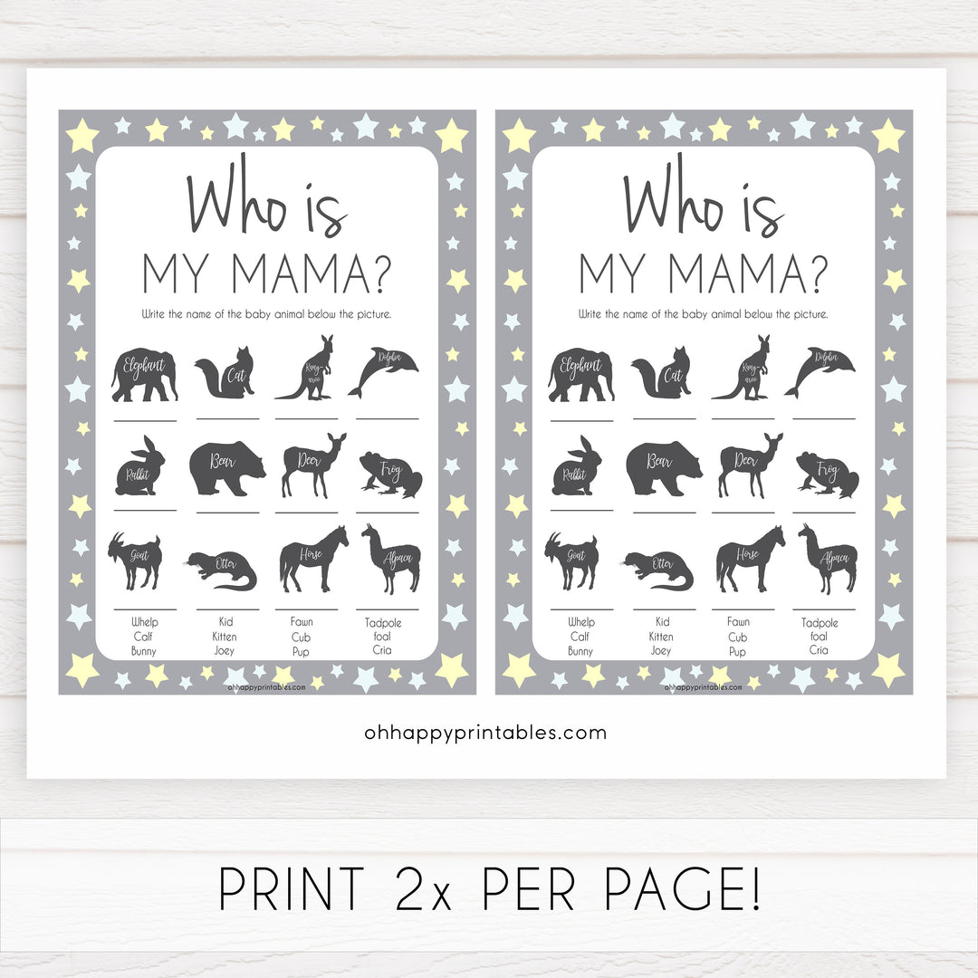 Grey Yellow Stars Who is My Mommy Animal Game, Who is my Mama Game, Baby Shower Games, Baby Shower, Who is my Mama, Animal Baby Game, fun baby shower games, popular baby shower games 