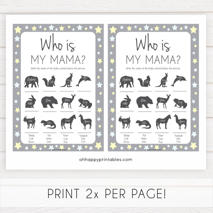 Grey Yellow Stars Who is My Mommy Animal Game, Who is my Mama Game, Baby Shower Games, Baby Shower, Who is my Mama, Animal Baby Game, fun baby shower games, popular baby shower games 