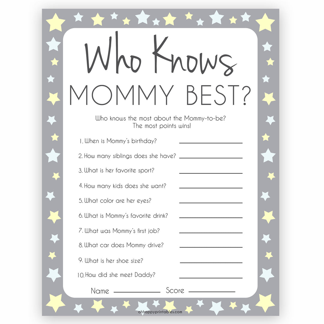 Grey Yellow Stars Who Knows Mommy Best Quiz, Baby Shower Games, Knows Mummy Games, Printable Baby Shower Games, Star Baby Shower Games, fun baby shower games, popular baby shower games