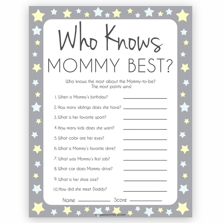 Grey Yellow Stars Who Knows Mommy Best Quiz, Baby Shower Games, Knows Mummy Games, Printable Baby Shower Games, Star Baby Shower Games, fun baby shower games, popular baby shower games