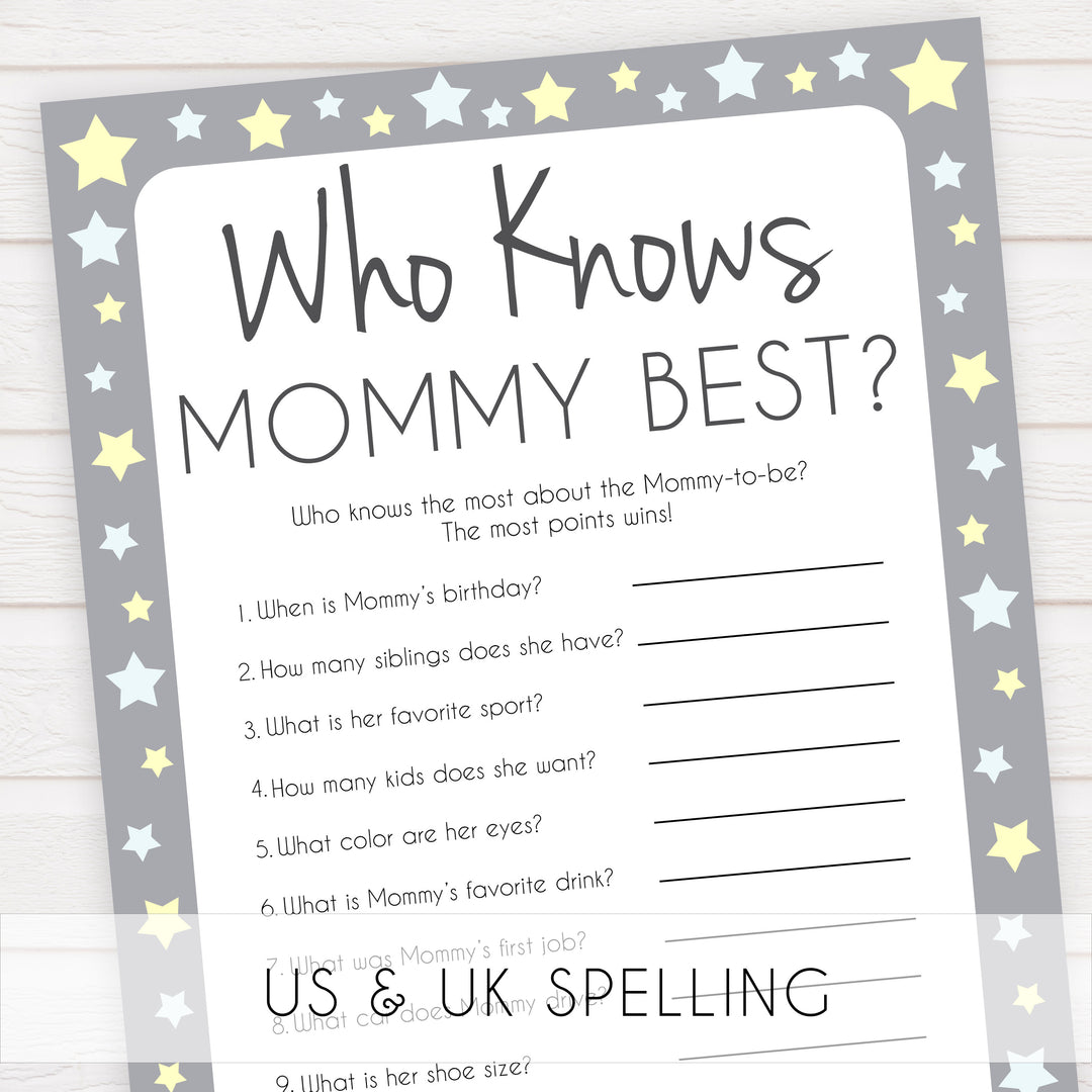 Grey Yellow Stars Who Knows Mommy Best Quiz, Baby Shower Games, Knows Mummy Games, Printable Baby Shower Games, Star Baby Shower Games, fun baby shower games, popular baby shower games