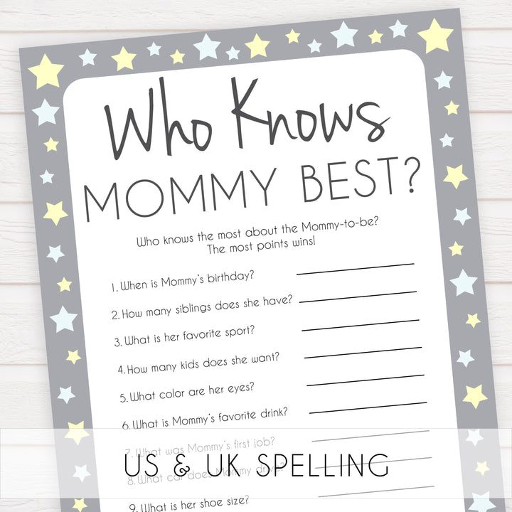 Grey Yellow Stars Who Knows Mommy Best Quiz, Baby Shower Games, Knows Mummy Games, Printable Baby Shower Games, Star Baby Shower Games, fun baby shower games, popular baby shower games