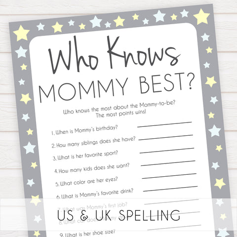 Grey Yellow Stars Who Knows Mommy Best Quiz, Baby Shower Games, Knows Mummy Games, Printable Baby Shower Games, Star Baby Shower Games, fun baby shower games, popular baby shower games