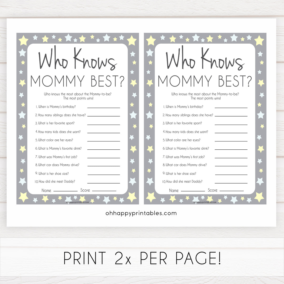 Grey Yellow Stars Who Knows Mommy Best Quiz, Baby Shower Games, Knows Mummy Games, Printable Baby Shower Games, Star Baby Shower Games, fun baby shower games, popular baby shower games