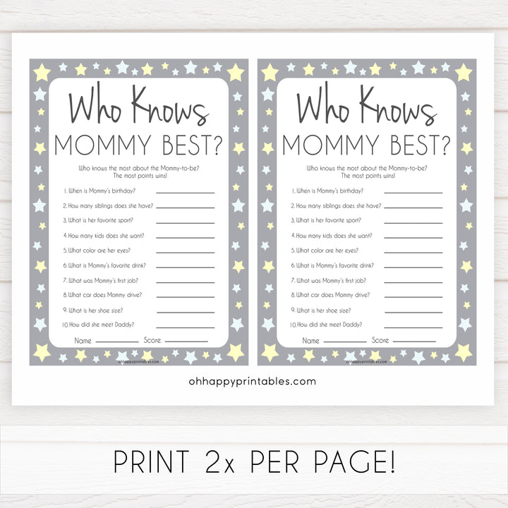 Grey Yellow Stars Who Knows Mommy Best Quiz, Baby Shower Games, Knows Mummy Games, Printable Baby Shower Games, Star Baby Shower Games, fun baby shower games, popular baby shower games