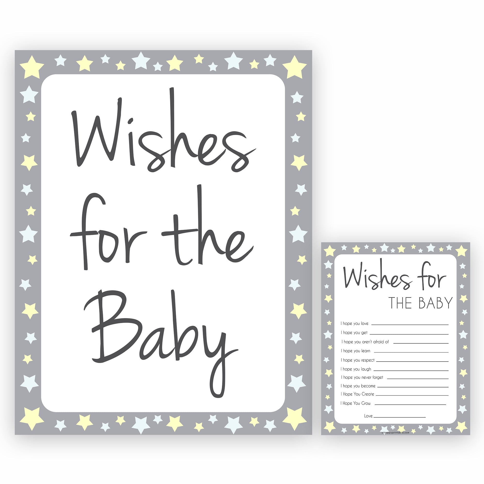Grey Yellow Stars Wishes For The Baby, Baby Wishes, Wishes for The Baby, Grey Baby Shower, Baby Shower Baby Wishes, Baby Wishes Cards, fun baby shower games, popular baby shower games