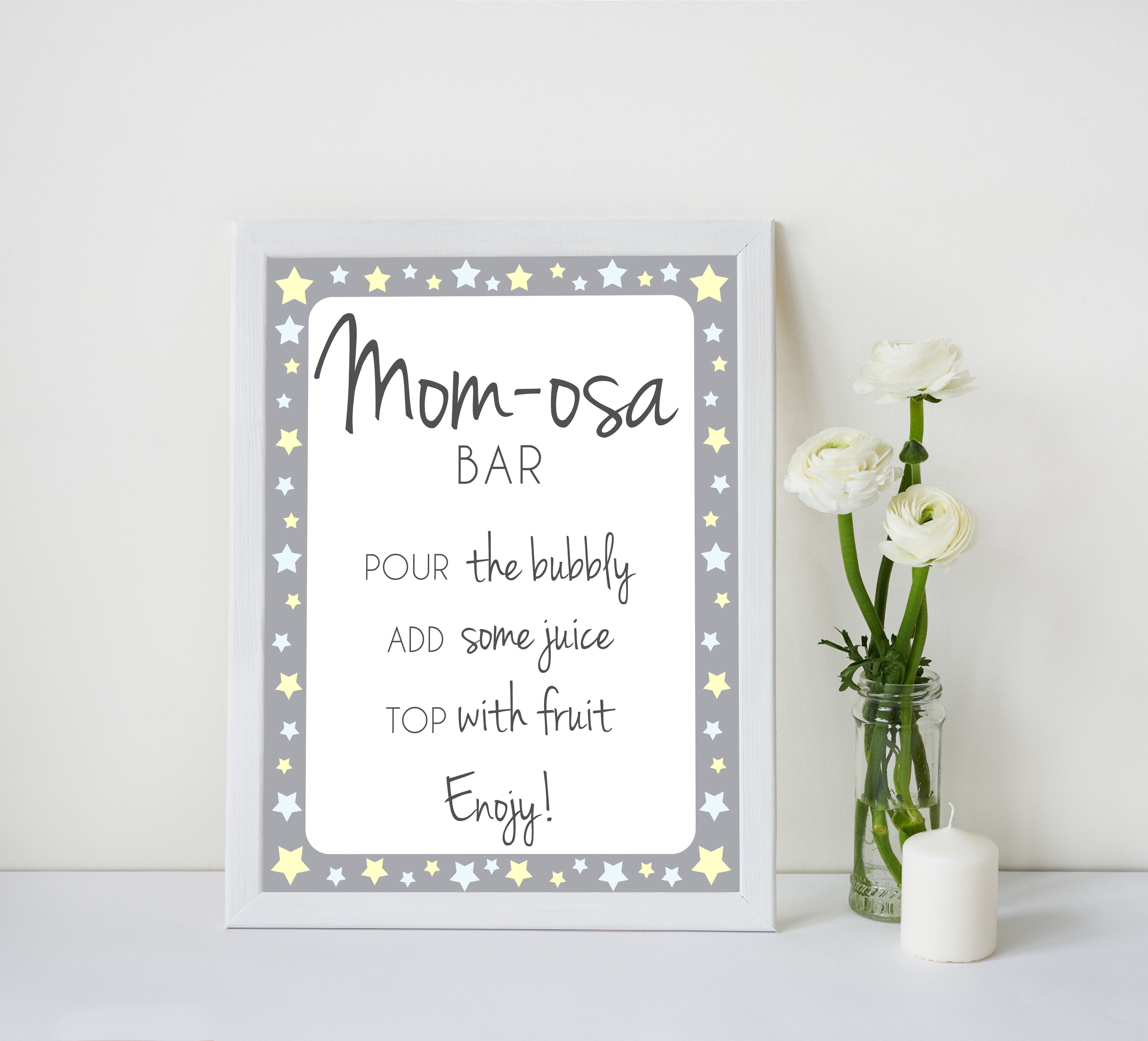 Printable baby signs, momosa sign, yellow and grey stars, printable baby shower signs, top baby shower decor, baby printable decor
