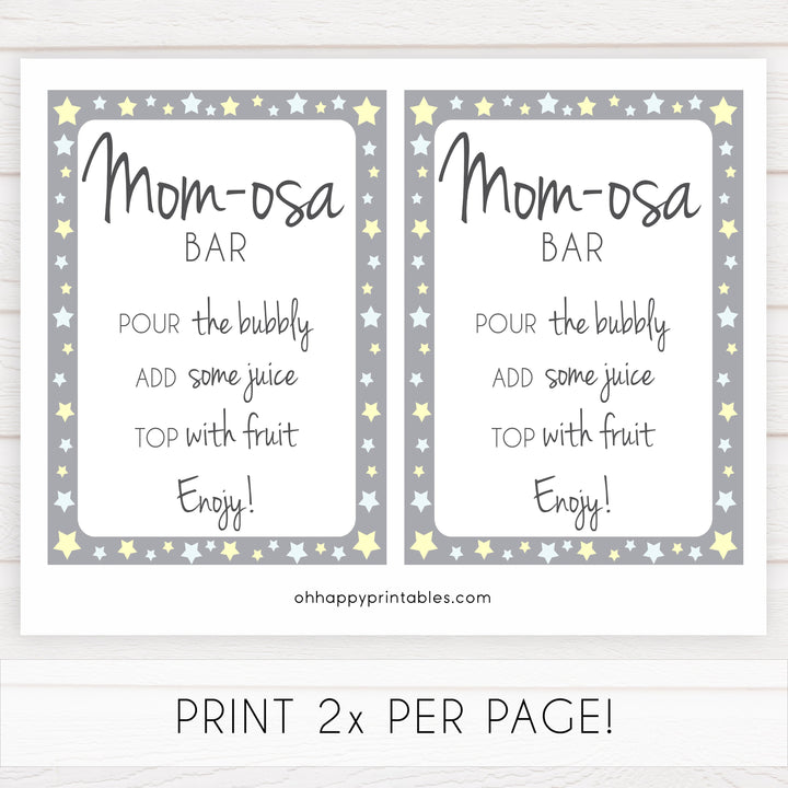 Printable baby signs, momosa sign, yellow and grey stars, printable baby shower signs, top baby shower decor, baby printable decor