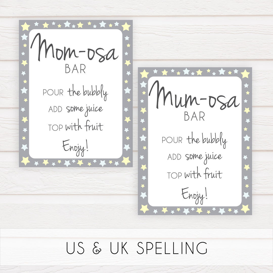 Printable baby signs, momosa sign, yellow and grey stars, printable baby shower signs, top baby shower decor, baby printable decor