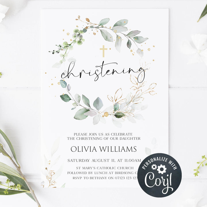 editable christening invitation, printable christening invitation, floral christening invitation, baptism invitation