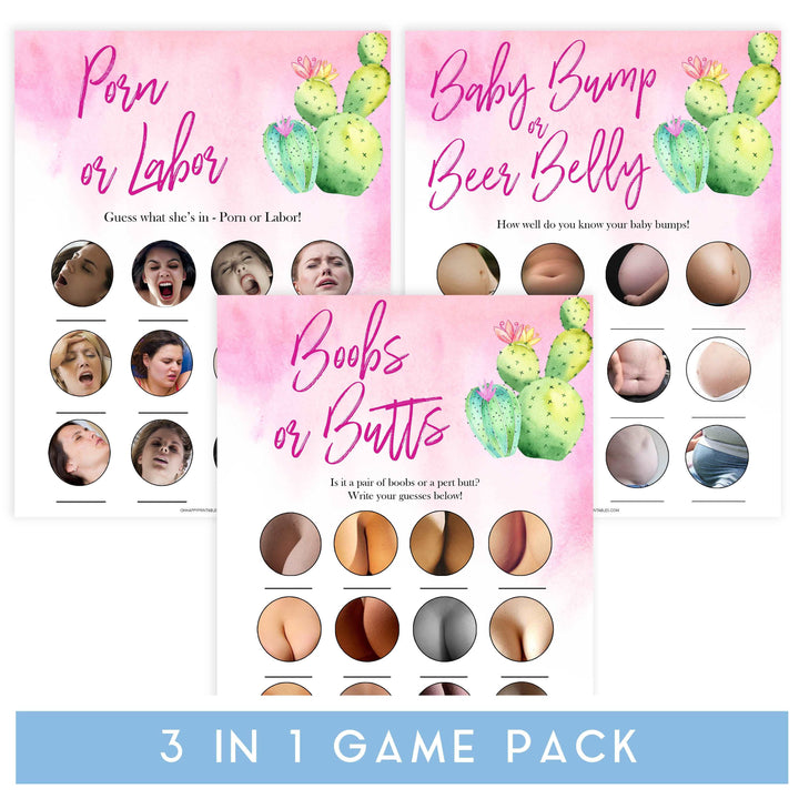 Cactus baby games, labor or porn, baby bump or beer belly, boobs or butts,printable baby shower games, Mexican baby shower, fun baby games, top baby games, best baby games, baby shower games