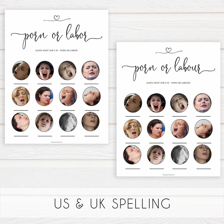 minimalist baby shower games, labor or porn, baby bump or beer belly games, printable baby games, fun baby games, top 10 baby shower games