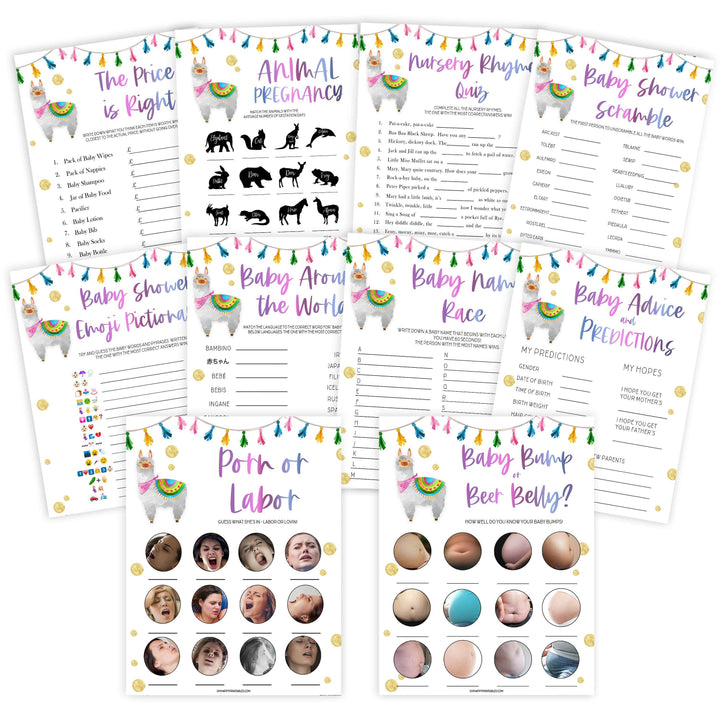 10 baby shower games bundle, baby games pack, Printable baby shower games, llama fiesta fun baby games, baby shower games, fun baby shower ideas, top baby shower ideas, Llama fiesta shower baby shower, fiesta baby shower ideas
