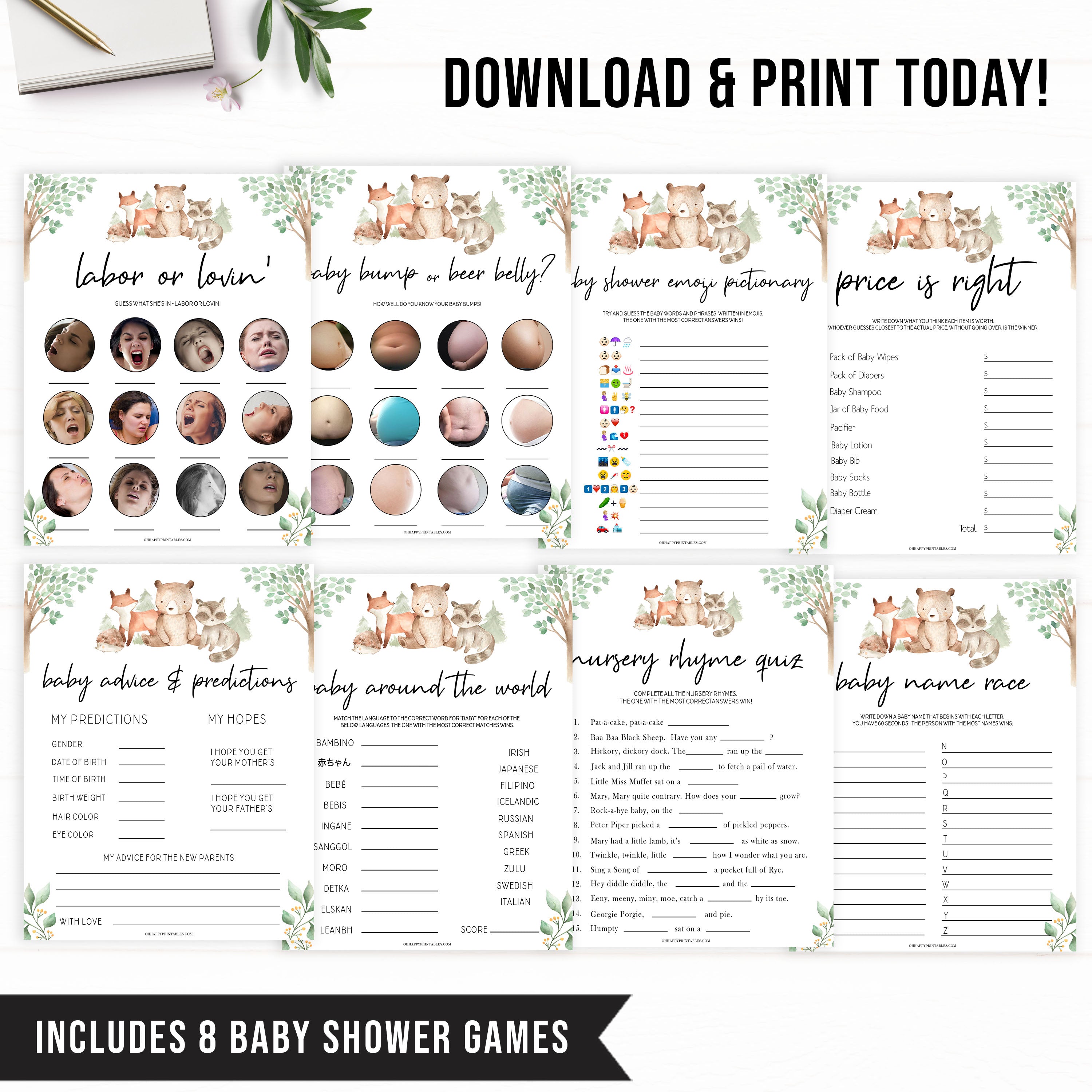 8 baby shower games, Printable baby shower games, woodland animals baby games, baby shower games, fun baby shower ideas, top baby shower ideas, woodland baby shower, baby shower games, fun woodland animals baby shower ideas