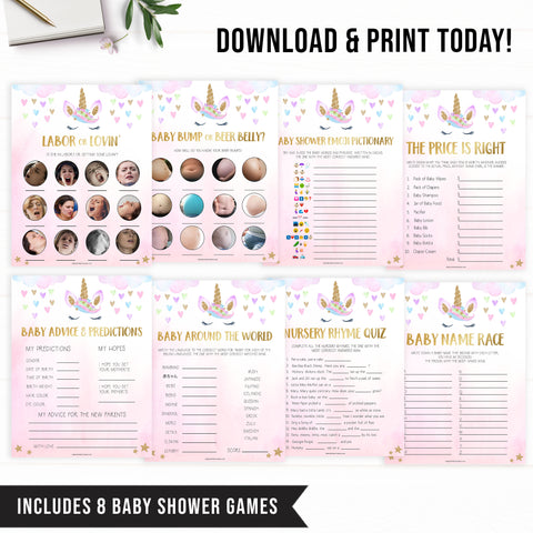 8 baby shower games, 8 unicorn games, Printable baby shower games, unicorn baby games, baby shower games, fun baby shower ideas, top baby shower ideas, unicorn baby shower, baby shower games, fun unicorn baby shower ideas
