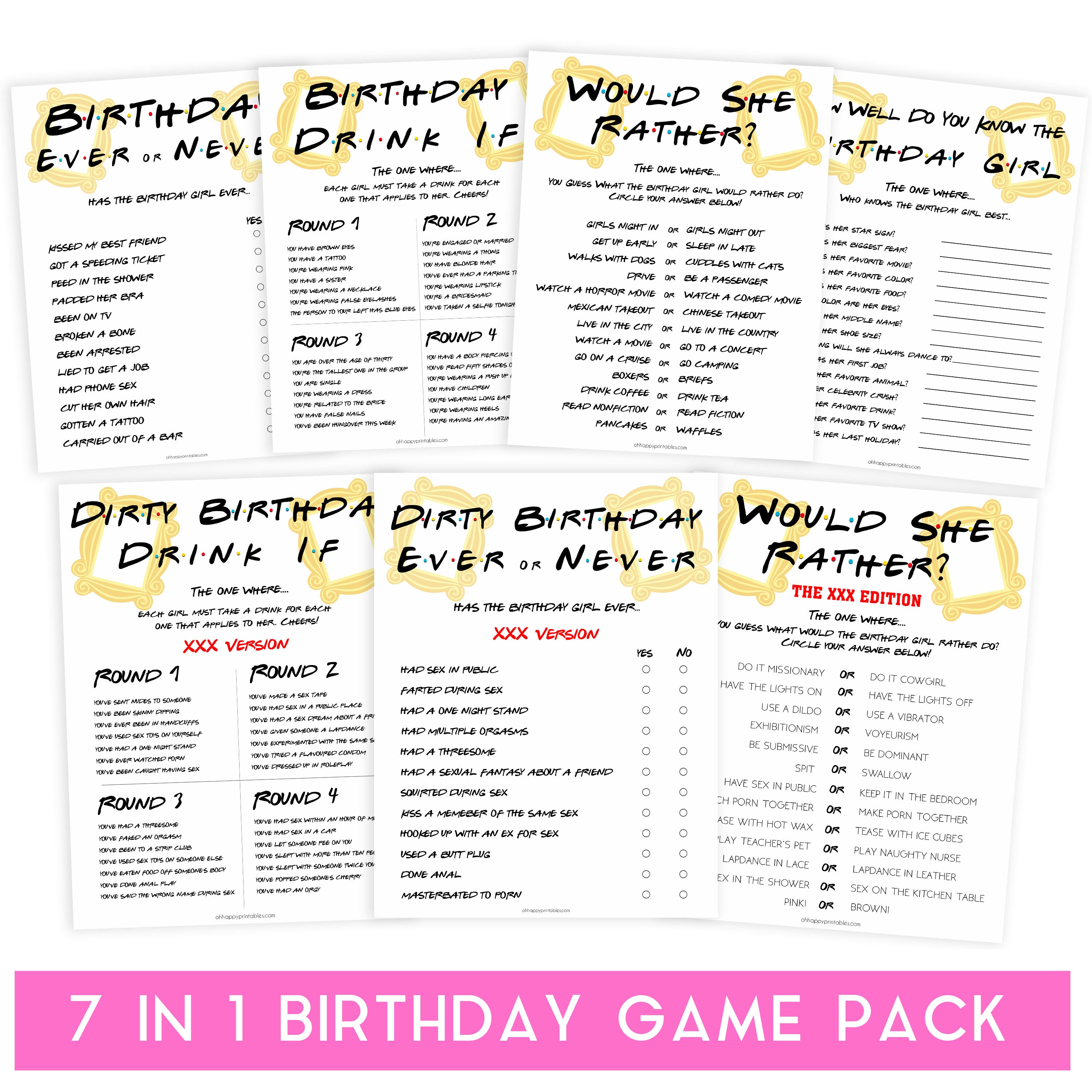 7 birthday games, would she rather birthday games, friends birthday games, fun birthday games, birthday drink if game