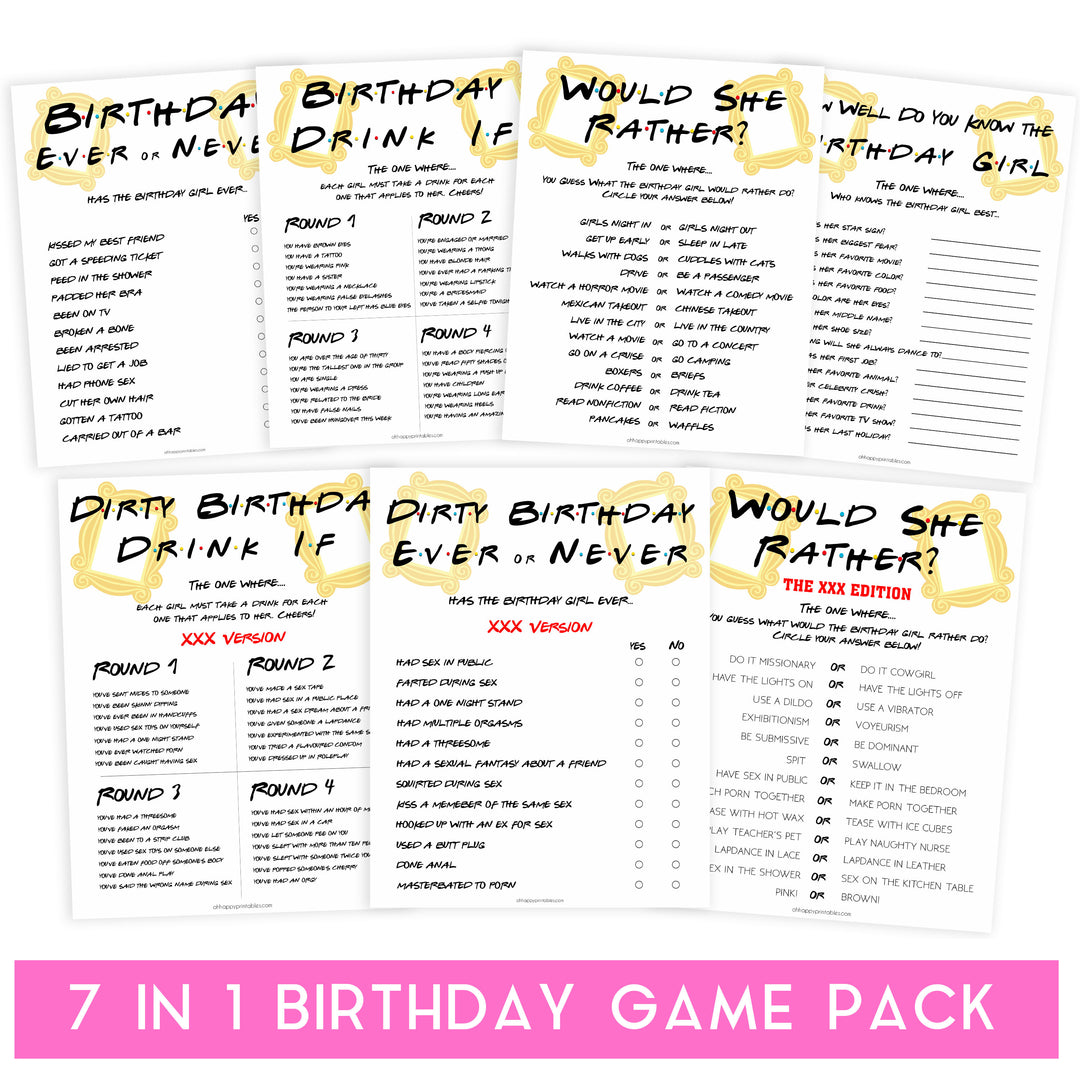 7 birthday games, would she rather birthday games, friends birthday games, fun birthday games, birthday drink if game