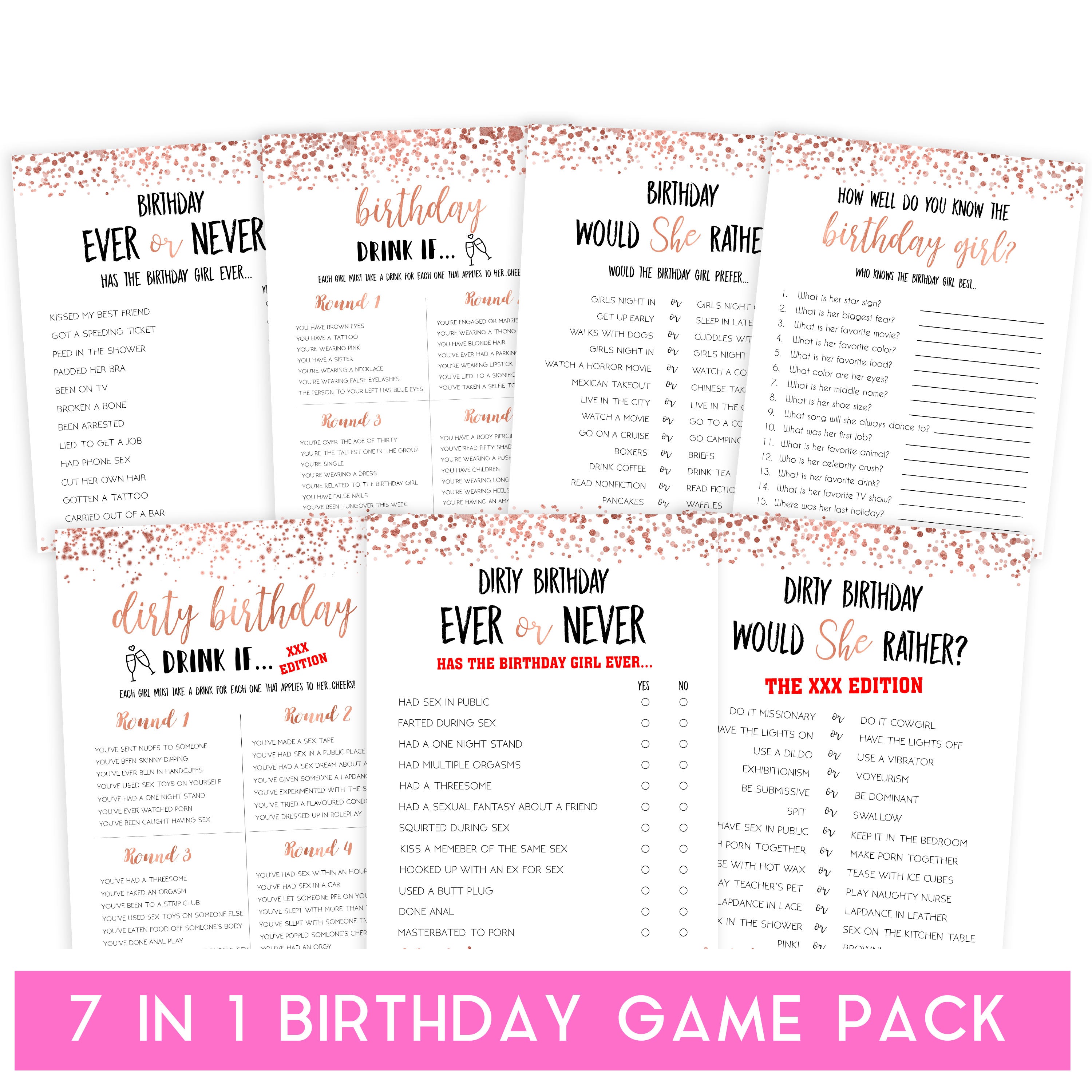 rose gold birthday games, printable birthday games, rose gold birthday, would she rather game, ever or never birthday, fun birthday games