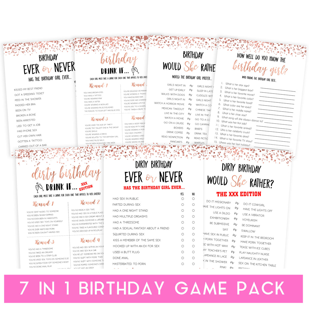 rose gold birthday games, printable birthday games, rose gold birthday, would she rather game, ever or never birthday, fun birthday games