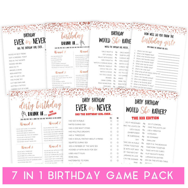 rose gold birthday games, printable birthday games, rose gold birthday, would she rather game, ever or never birthday, fun birthday games