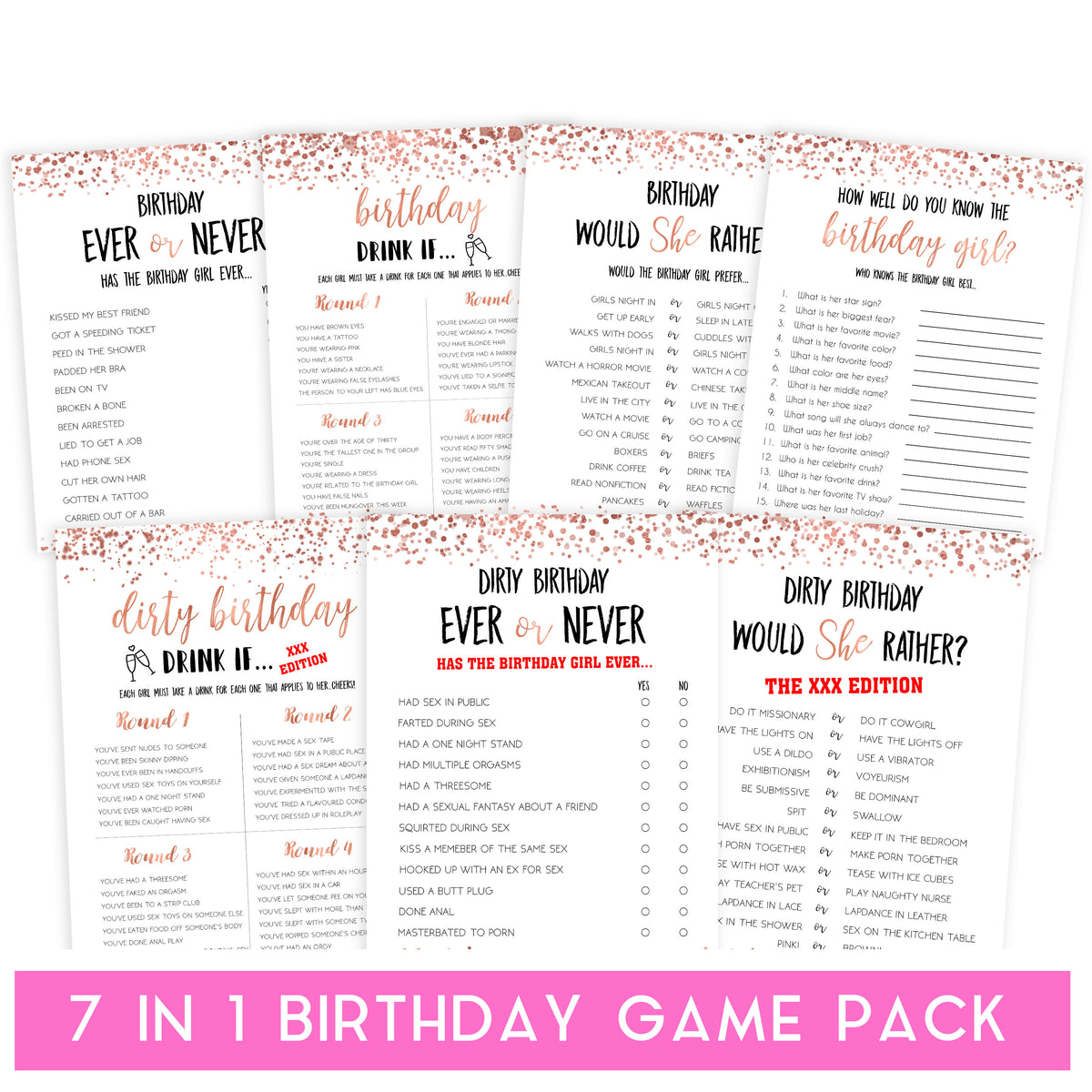 Six Packs Girl Porn Xxx - 7 Rose Gold Birthday Games - Printable Birthday Games Pack â€“  OhHappyPrintables