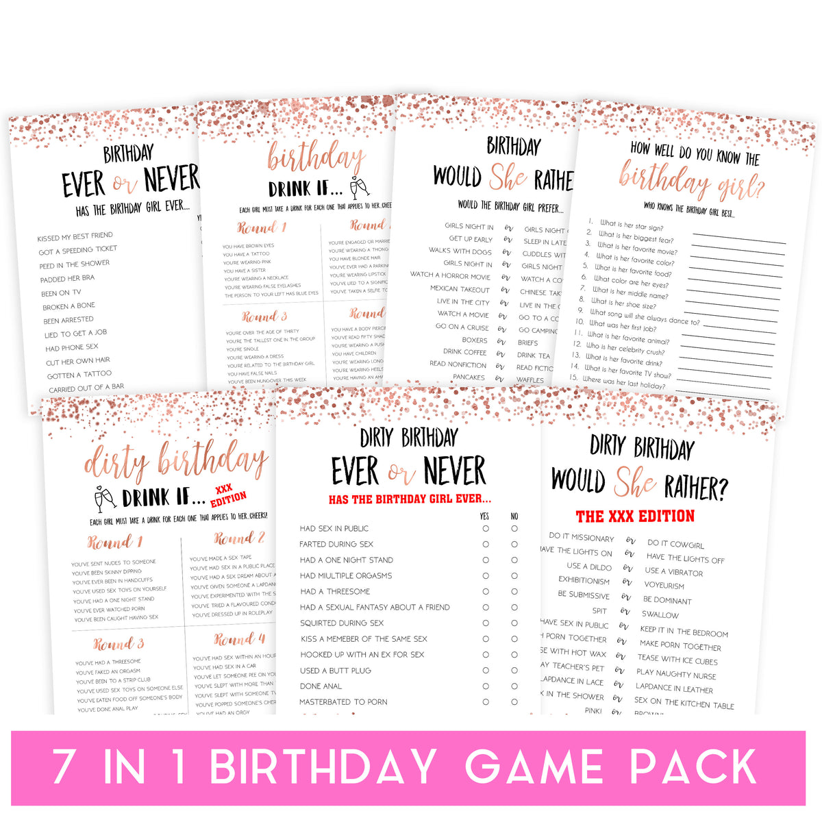 rose gold birthday games, printable birthday games, rose gold birthday, would she rather game, ever or never birthday, fun birthday games