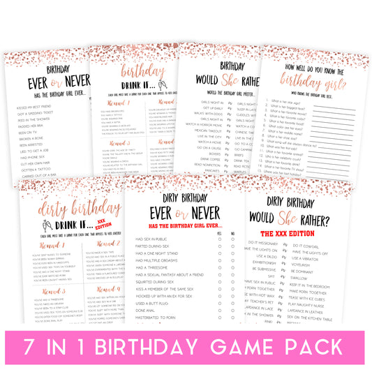 rose gold birthday games, printable birthday games, rose gold birthday, would she rather game, ever or never birthday, fun birthday games