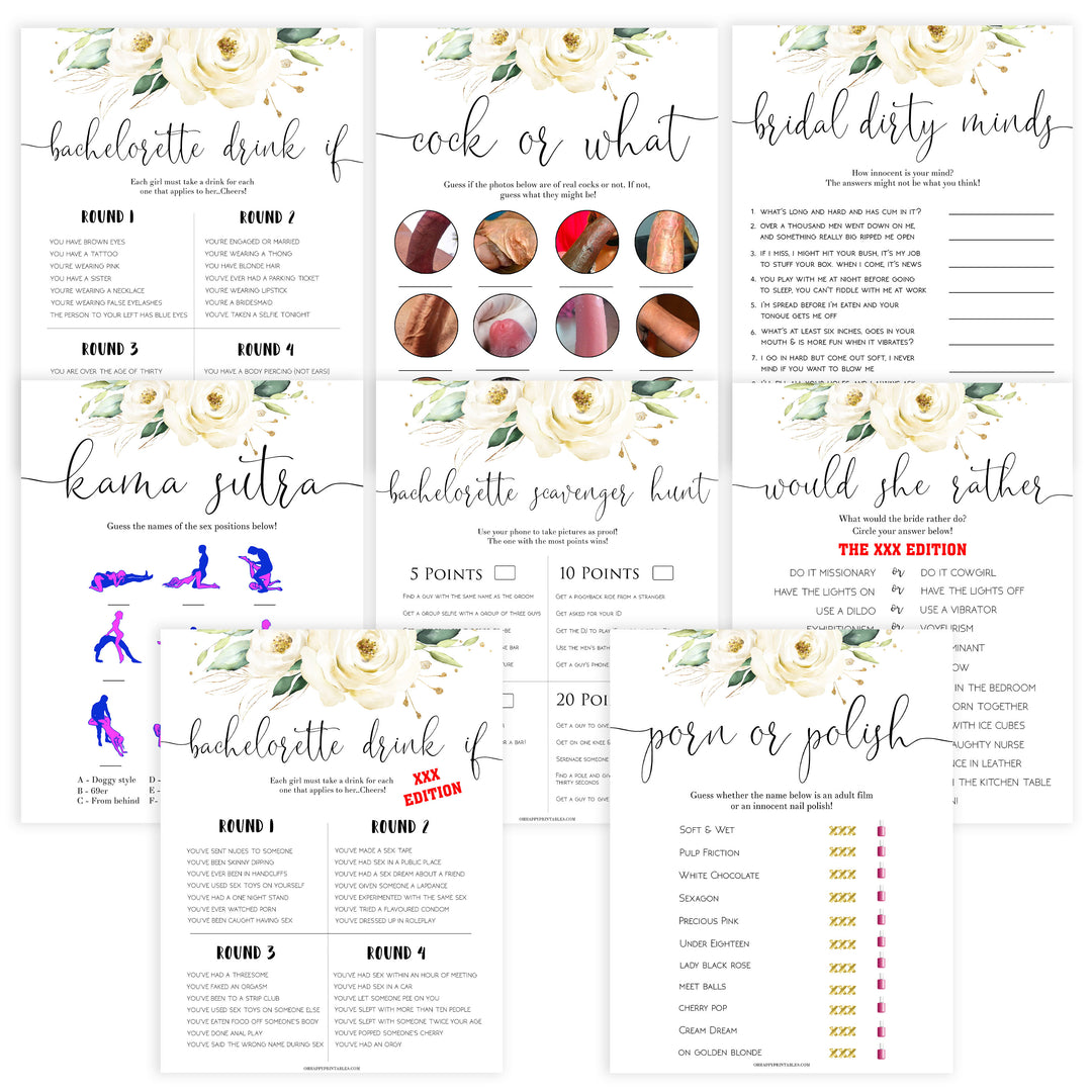 8 bachelorette games, Printable bachelorette games, floral bachelorette, floral hen party games, fun hen party games, bachelorette game ideas, floral adult party games, naughty hen games, naughty bachelorette games, cock or what, would she rather