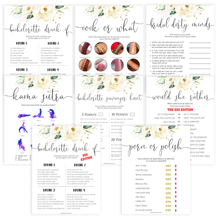 8 bachelorette games, Printable bachelorette games, floral bachelorette, floral hen party games, fun hen party games, bachelorette game ideas, floral adult party games, naughty hen games, naughty bachelorette games, cock or what, would she rather