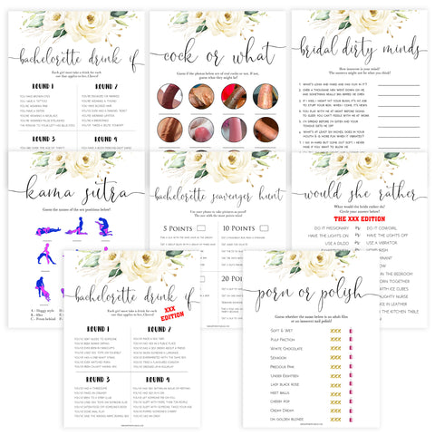 8 bachelorette games, Printable bachelorette games, floral bachelorette, floral hen party games, fun hen party games, bachelorette game ideas, floral adult party games, naughty hen games, naughty bachelorette games, cock or what, would she rather