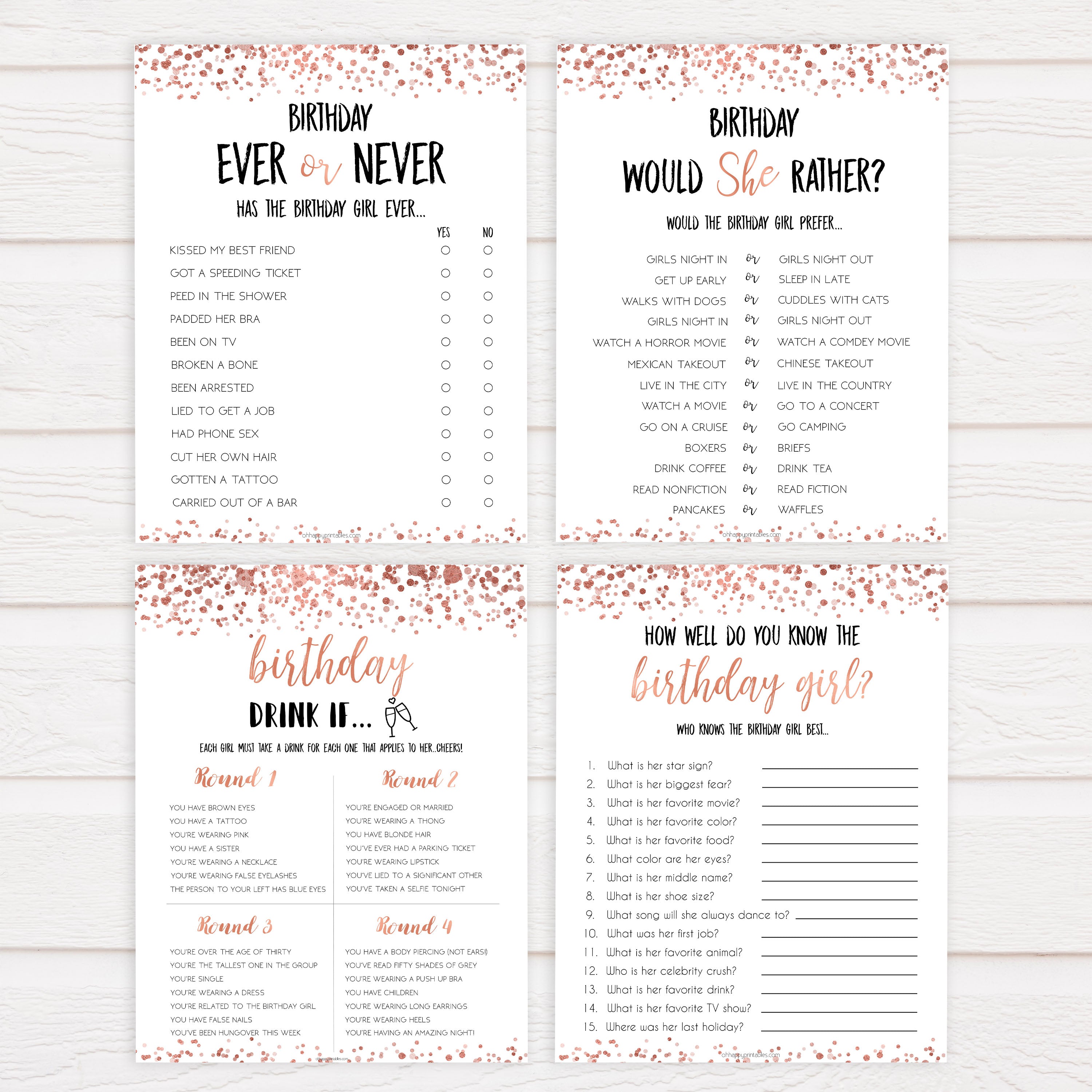 rose gold birthday games, printable birthday games, rose gold birthday, would she rather game, ever or never birthday, fun birthday games