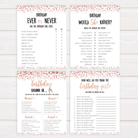 rose gold birthday games, printable birthday games, rose gold birthday, would she rather game, ever or never birthday, fun birthday games