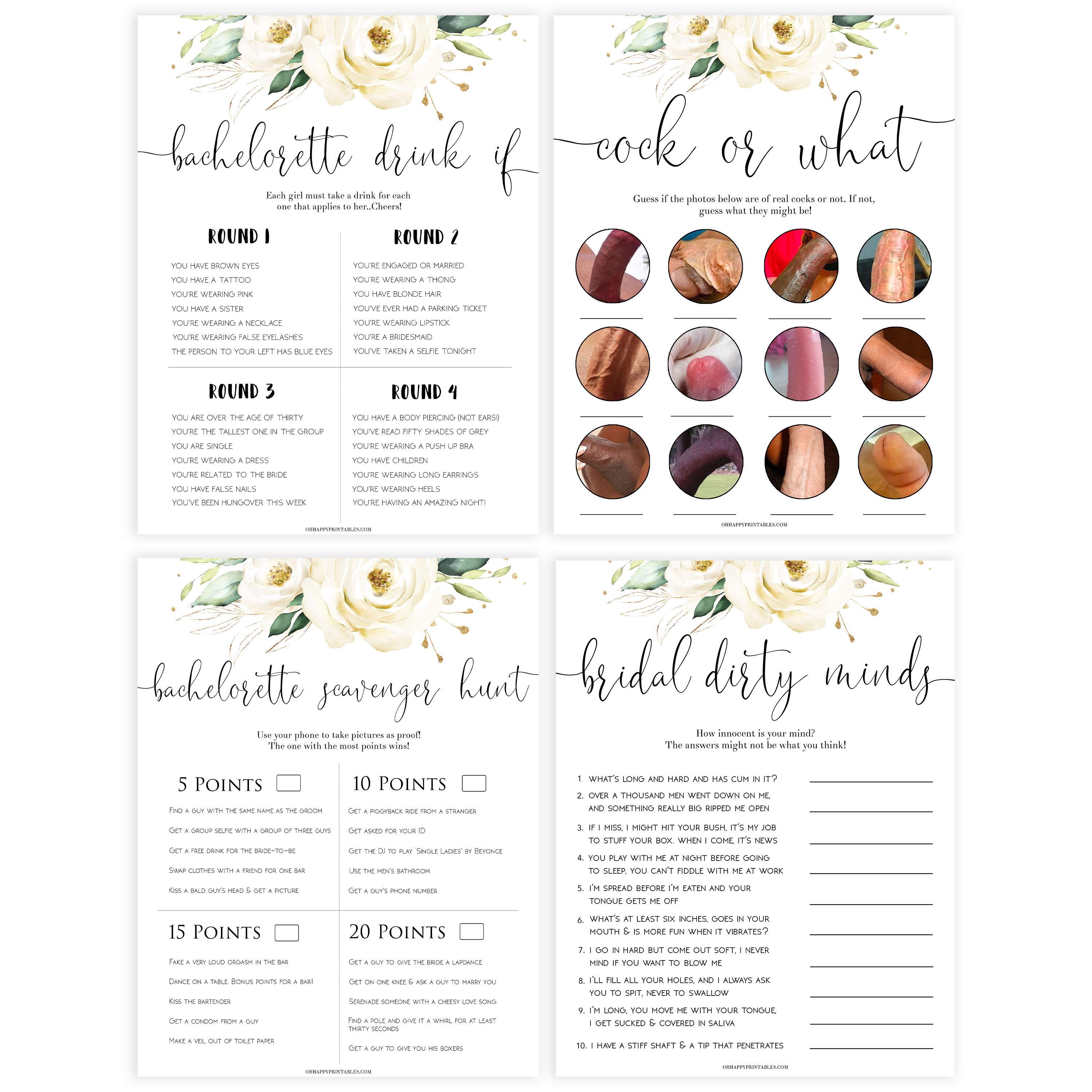 8 bachelorette games, Printable bachelorette games, floral bachelorette, floral hen party games, fun hen party games, bachelorette game ideas, floral adult party games, naughty hen games, naughty bachelorette games, cock or what, would she rather