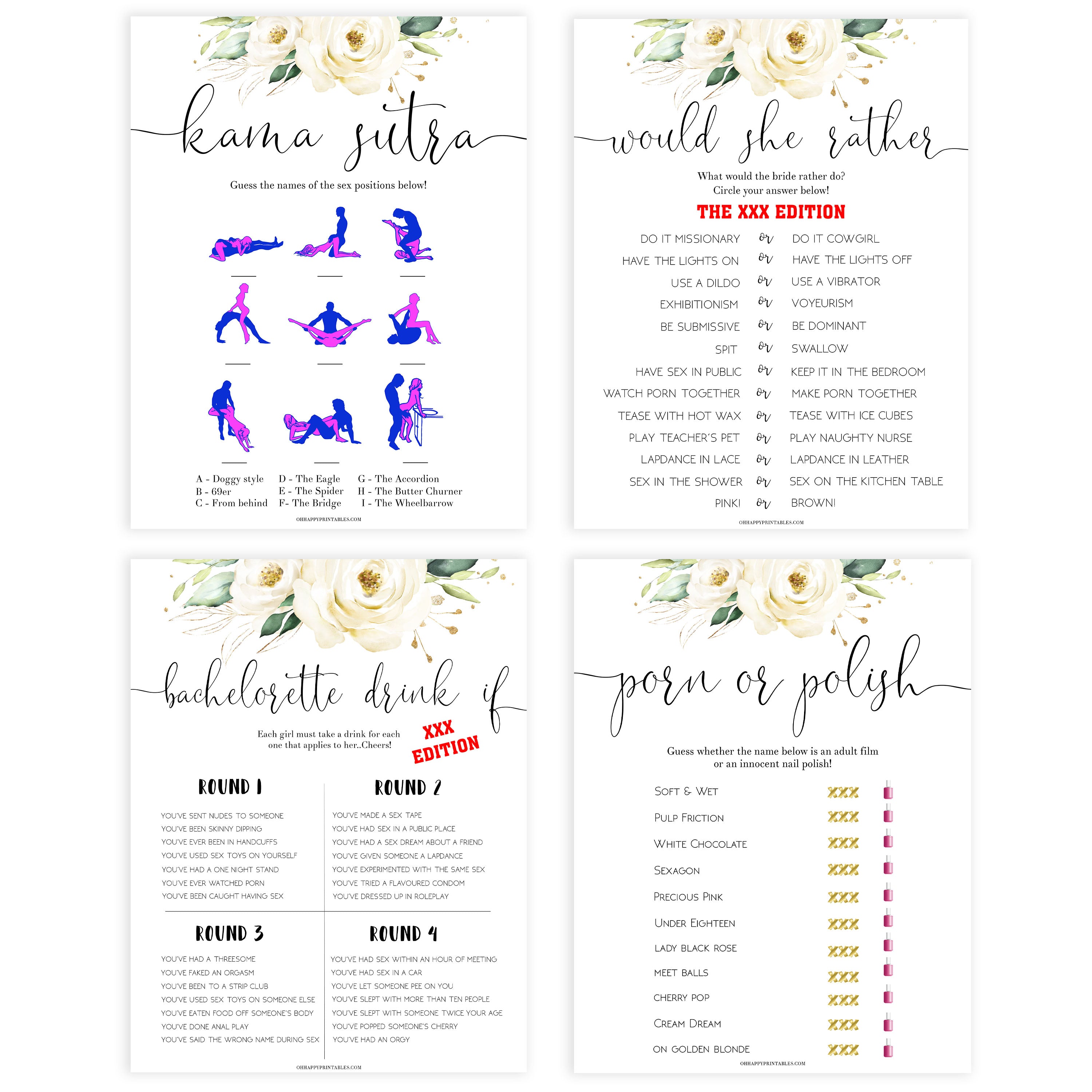 8 bachelorette games, Printable bachelorette games, floral bachelorette, floral hen party games, fun hen party games, bachelorette game ideas, floral adult party games, naughty hen games, naughty bachelorette games, cock or what, would she rather