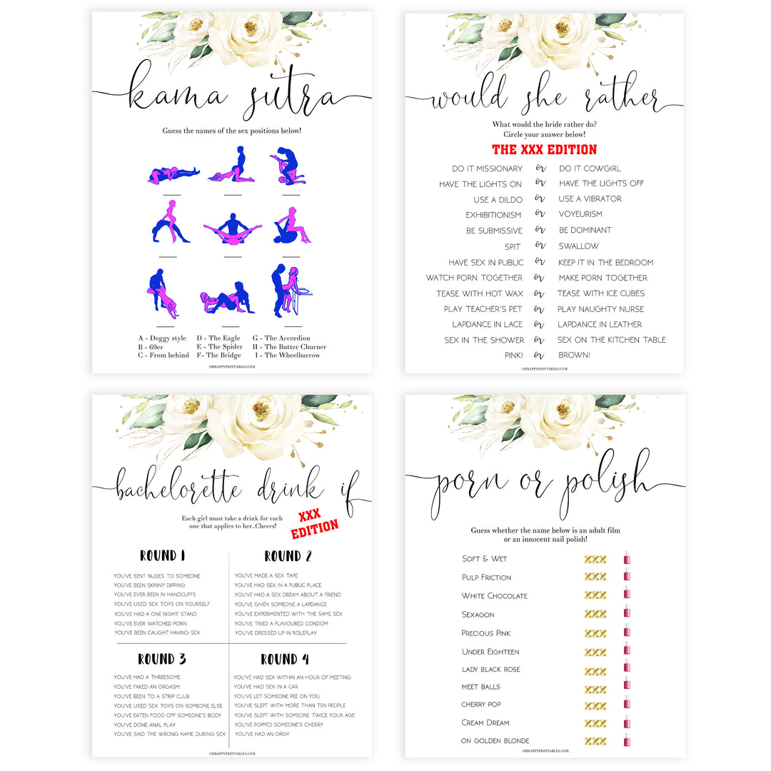 8 bachelorette games, Printable bachelorette games, floral bachelorette, floral hen party games, fun hen party games, bachelorette game ideas, floral adult party games, naughty hen games, naughty bachelorette games, cock or what, would she rather