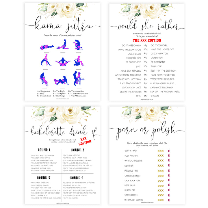 8 bachelorette games, Printable bachelorette games, floral bachelorette, floral hen party games, fun hen party games, bachelorette game ideas, floral adult party games, naughty hen games, naughty bachelorette games, cock or what, would she rather