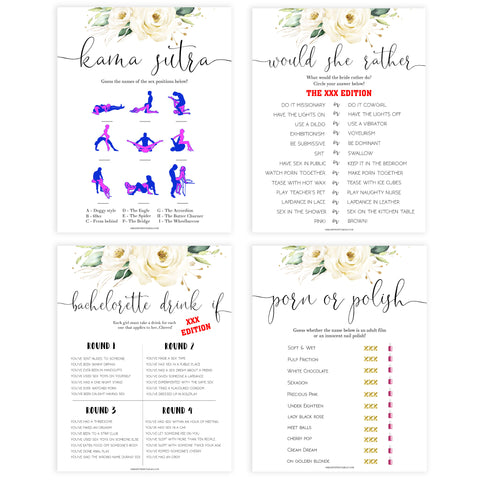8 bachelorette games, Printable bachelorette games, floral bachelorette, floral hen party games, fun hen party games, bachelorette game ideas, floral adult party games, naughty hen games, naughty bachelorette games, cock or what, would she rather