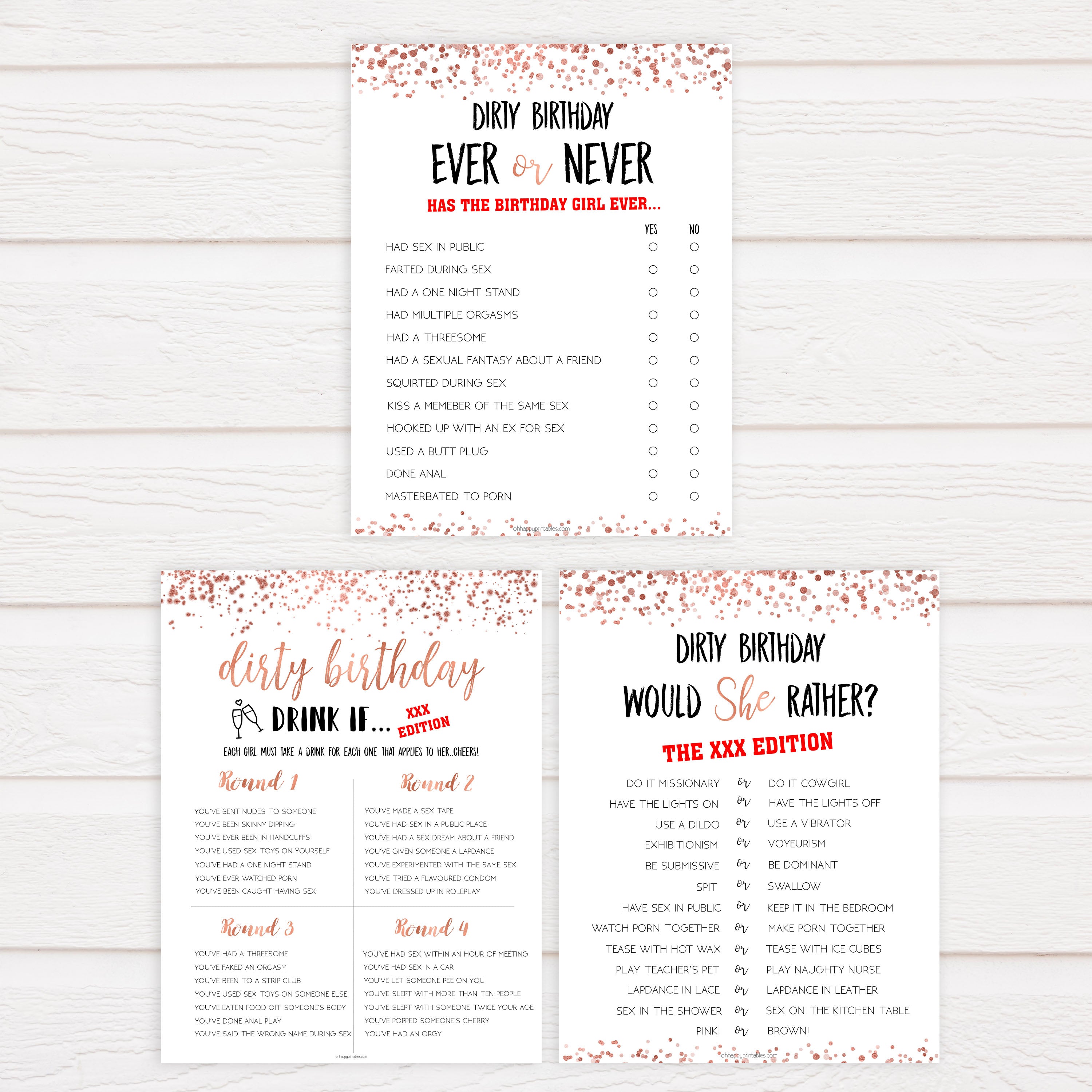 rose gold birthday games, printable birthday games, rose gold birthday, would she rather game, ever or never birthday, fun birthday games