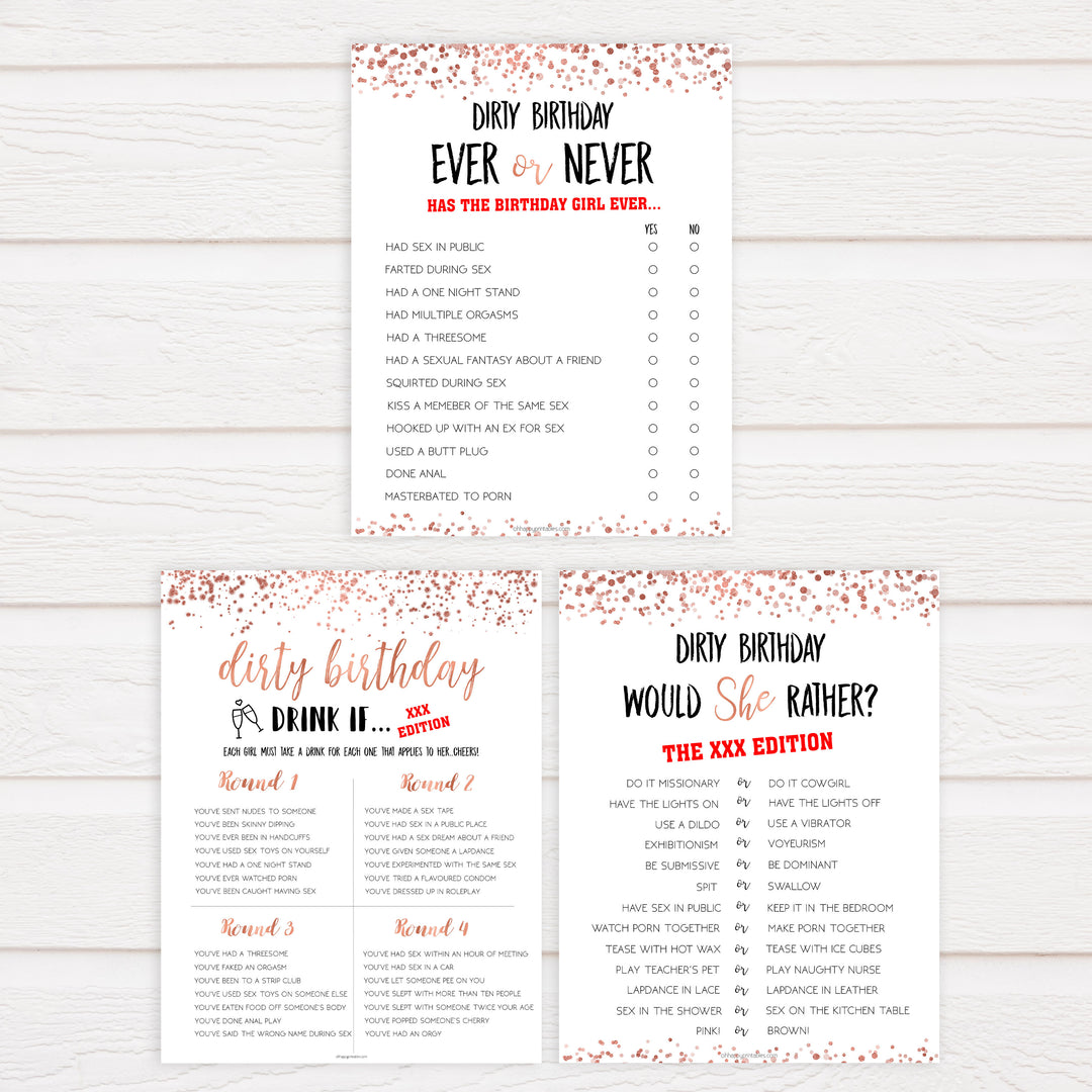 rose gold birthday games, printable birthday games, rose gold birthday, would she rather game, ever or never birthday, fun birthday games