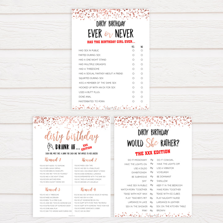 rose gold birthday games, printable birthday games, rose gold birthday, would she rather game, ever or never birthday, fun birthday games
