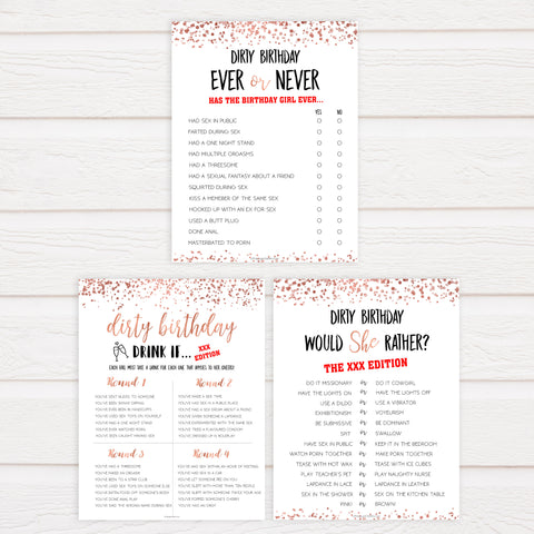 rose gold birthday games, printable birthday games, rose gold birthday, would she rather game, ever or never birthday, fun birthday games