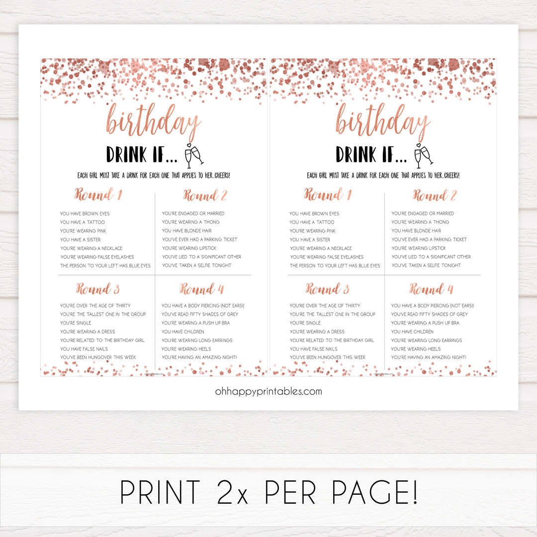 rose gold birthday games, printable birthday games, rose gold birthday, would she rather game, ever or never birthday, fun birthday games
