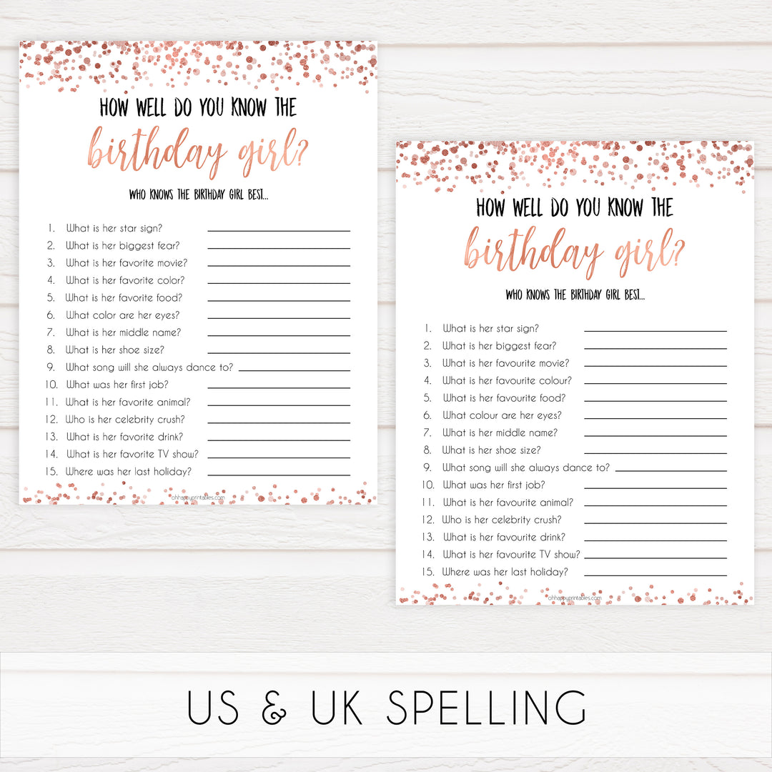 rose gold birthday games, printable birthday games, rose gold birthday, would she rather game, ever or never birthday, fun birthday games