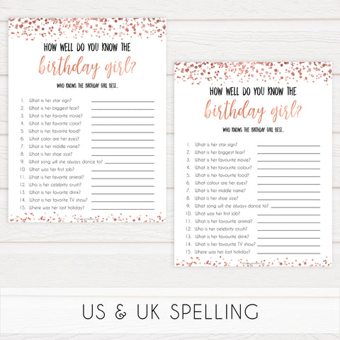 rose gold birthday games, printable birthday games, rose gold birthday, would she rather game, ever or never birthday, fun birthday games